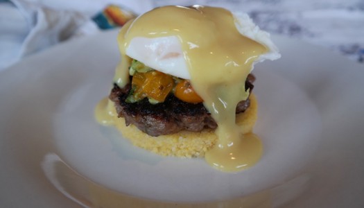 POLENTA, SAUSAGE, ROASTED TOMATO & AVOCADO EGGS BENEDICT